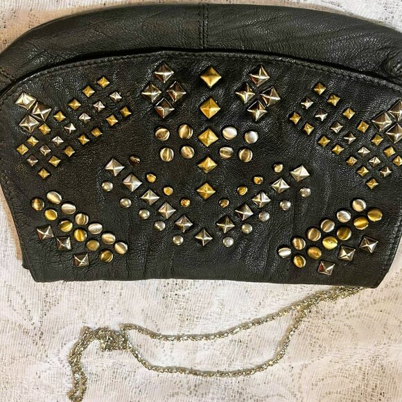 ✨ Vintage OSOS Leather Studded Clutch – Long Chain, Black, 1980s Punk Glam - Picture 6 of 13